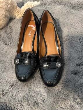Madeline Poppy Black Patent Leather Loafer Heels with Rhinestone Button Detail
